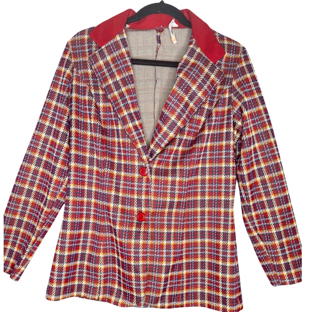 Vintage 1970s Plaid Knit Blazer Jacket Red Blue Yellow Contrasting Collar Preppy
